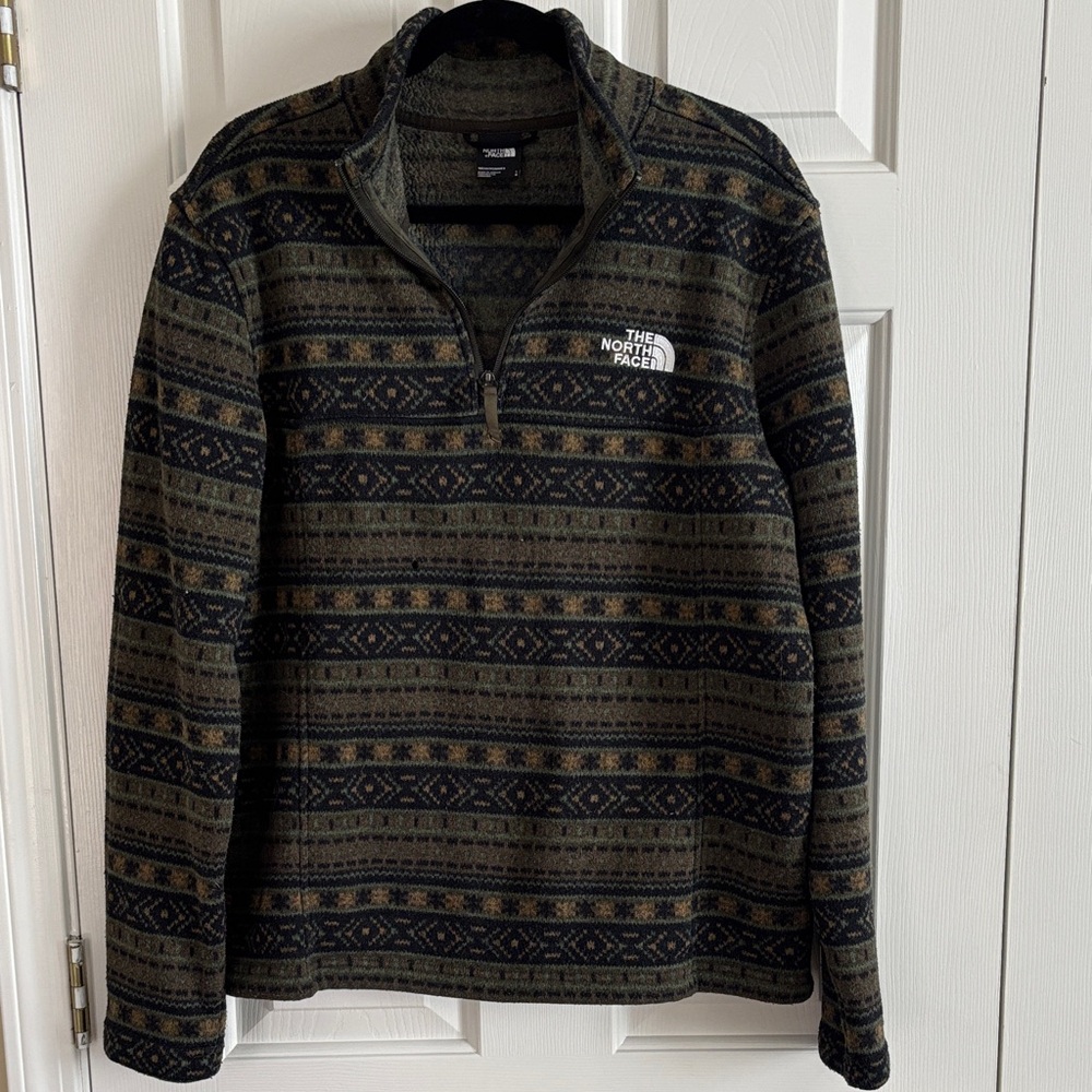 The North Face Men's Green and Black Patterned Zip-Up Sweater